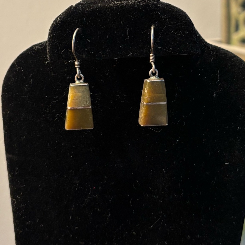 Vintage artisan golden jasper and silver trapezoid dangle earrings